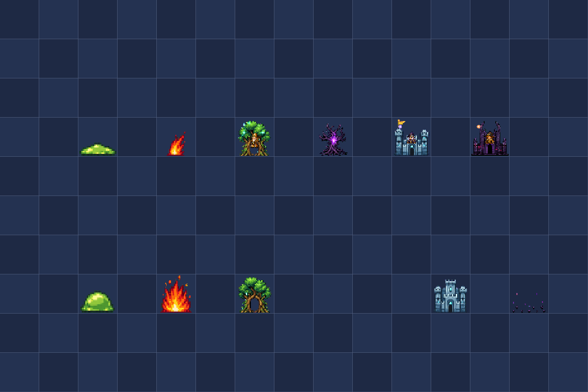 Gooey Blob, Magic Fire, Magic Wood, Shadow Wood, Magic Castle i Dark Citadel na arenie Balance of Arcana